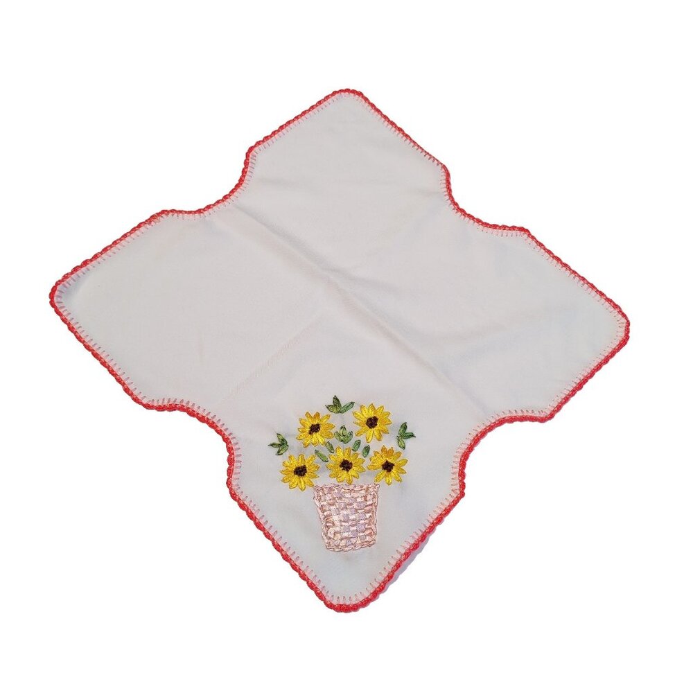 Vintage White Pink Bread Basket Floral Embroidered  Liner Black-Eyed Susan